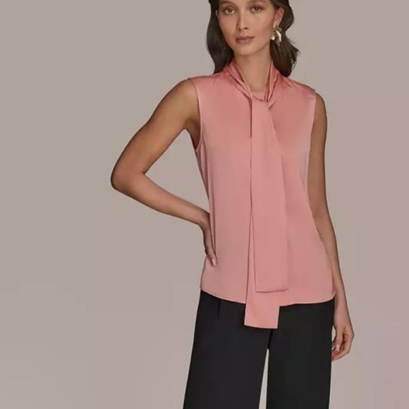 Donna Karan peach satin sleeveless tie neck detail hidden button down blouse - Picture 6 of 14
